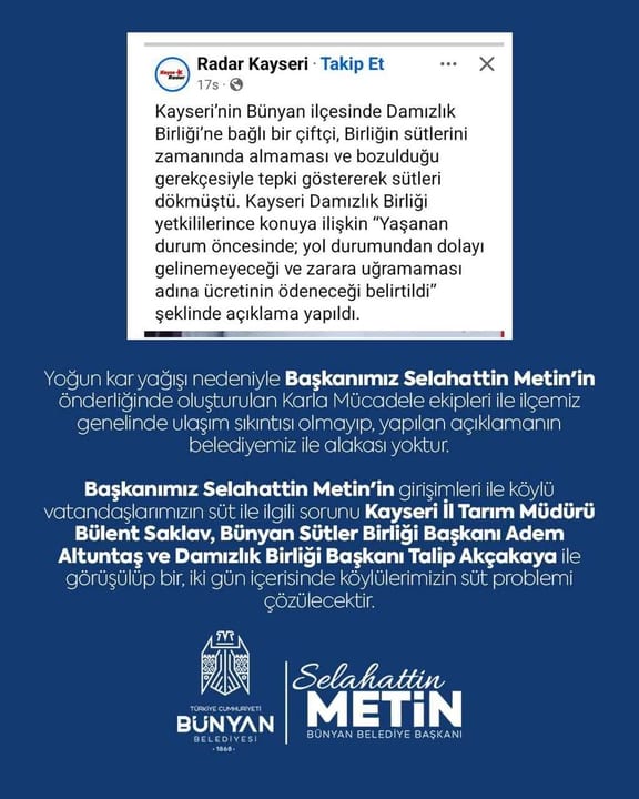 Bünyan Belediyesi'nden süt tartışmasına yanıt