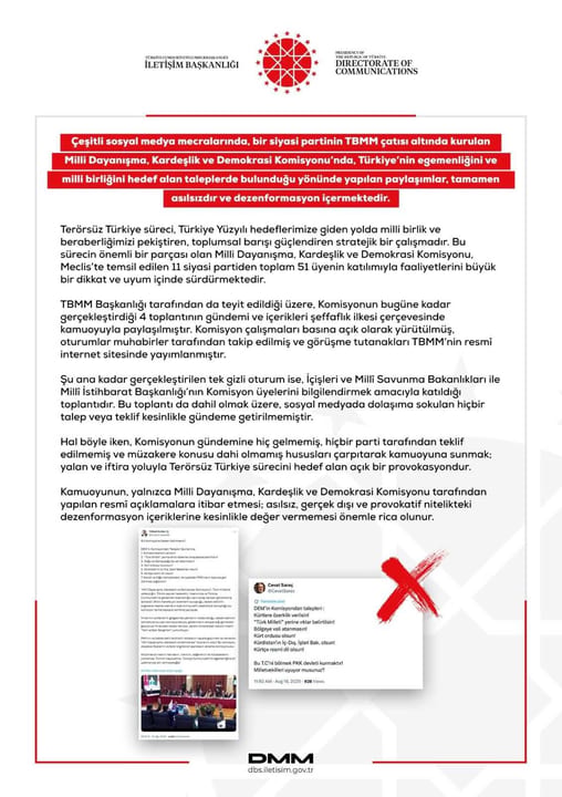DMM iddiaları yalanladı: “Türkiye'nin egemenliğini ve milli birliğini hedef alan taleplerde bulunulması asılsızdır”