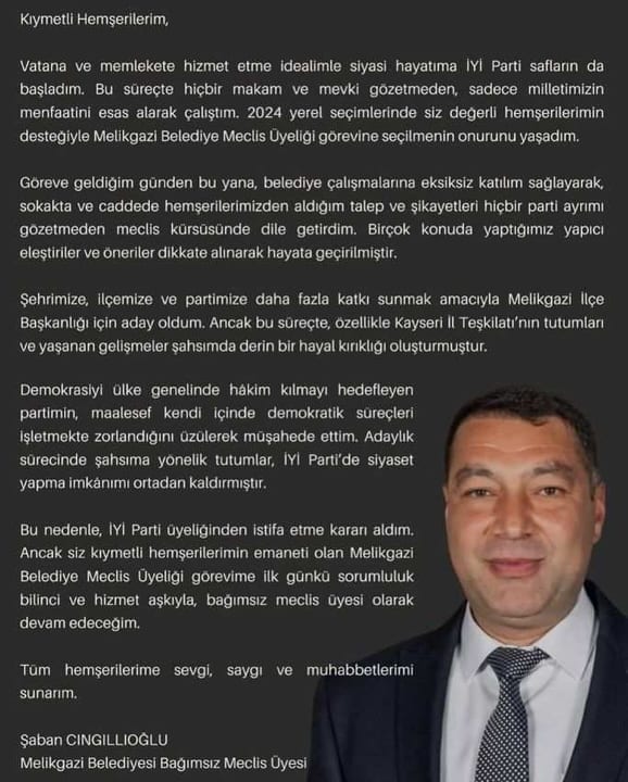 İYİ Partili Cıngıllıoğlu, partisinden istifa etti