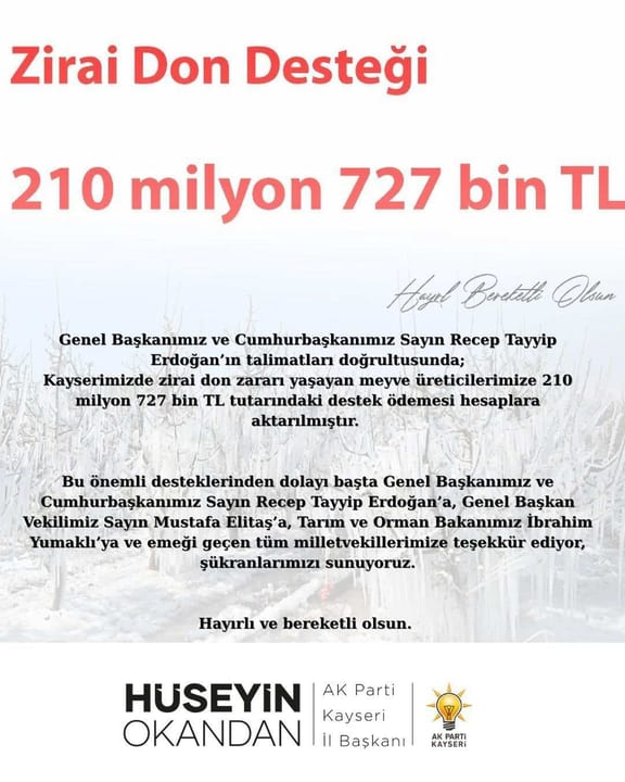 Zirai dondan zarar gören üreticilere 210 milyon TL destek