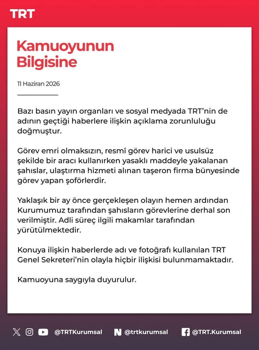 TRT’den ‘’makam aracında uyuşturucu bulundu’’ iddialarına ilişkin açıklama