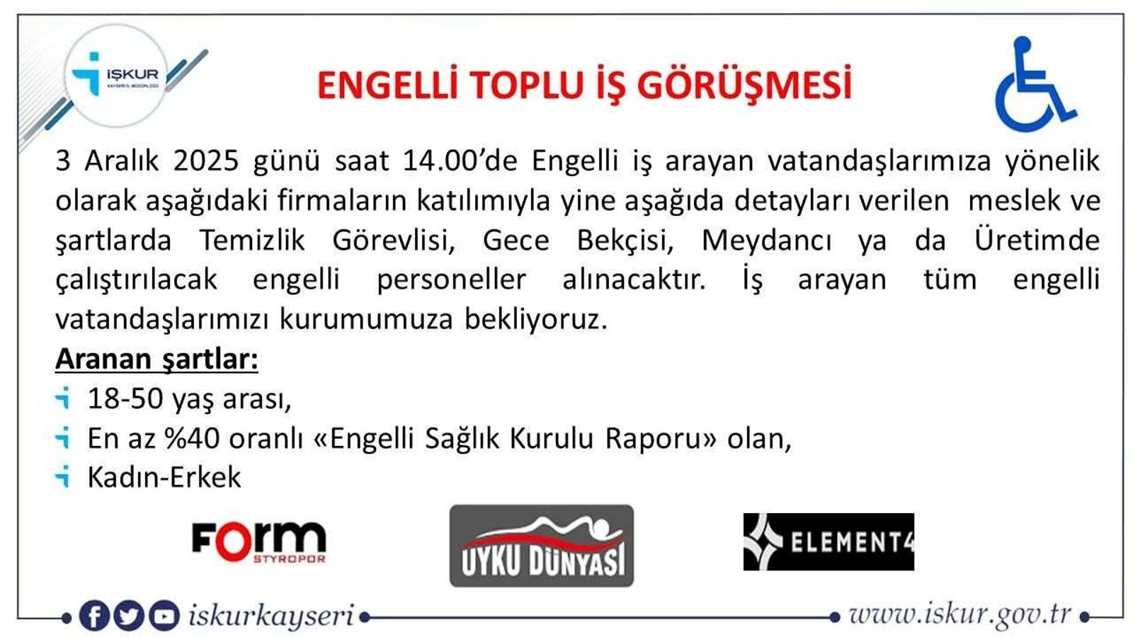 Engelli vatandaşlara yönelik toplu iş görüşmesi gerçekleşecek
