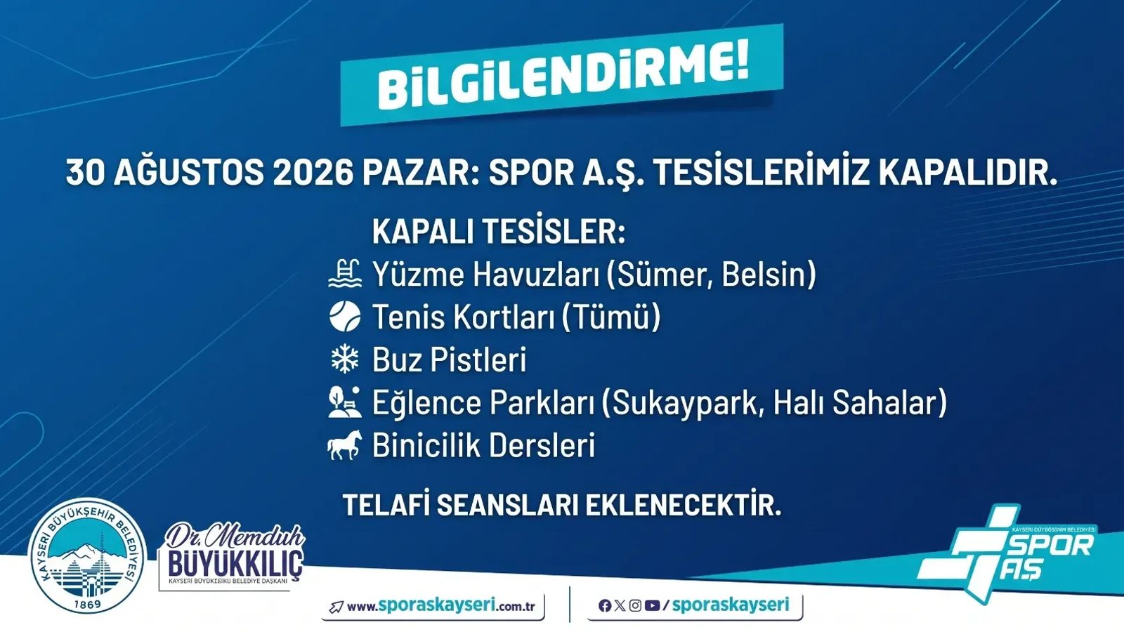 Kayserililer Dikkate Alın! 30 Ağustos’ta Bu Tesisler Kapalı Olacak
