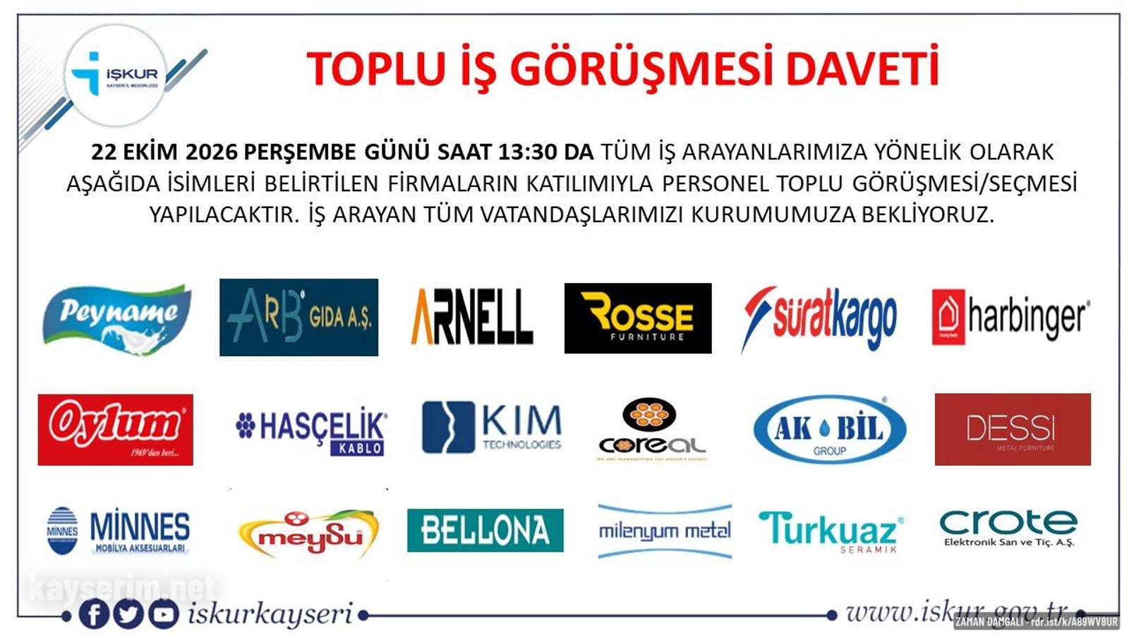 Kayseri’de 423 kişilik toplu iş görüşmesi yapılacak
