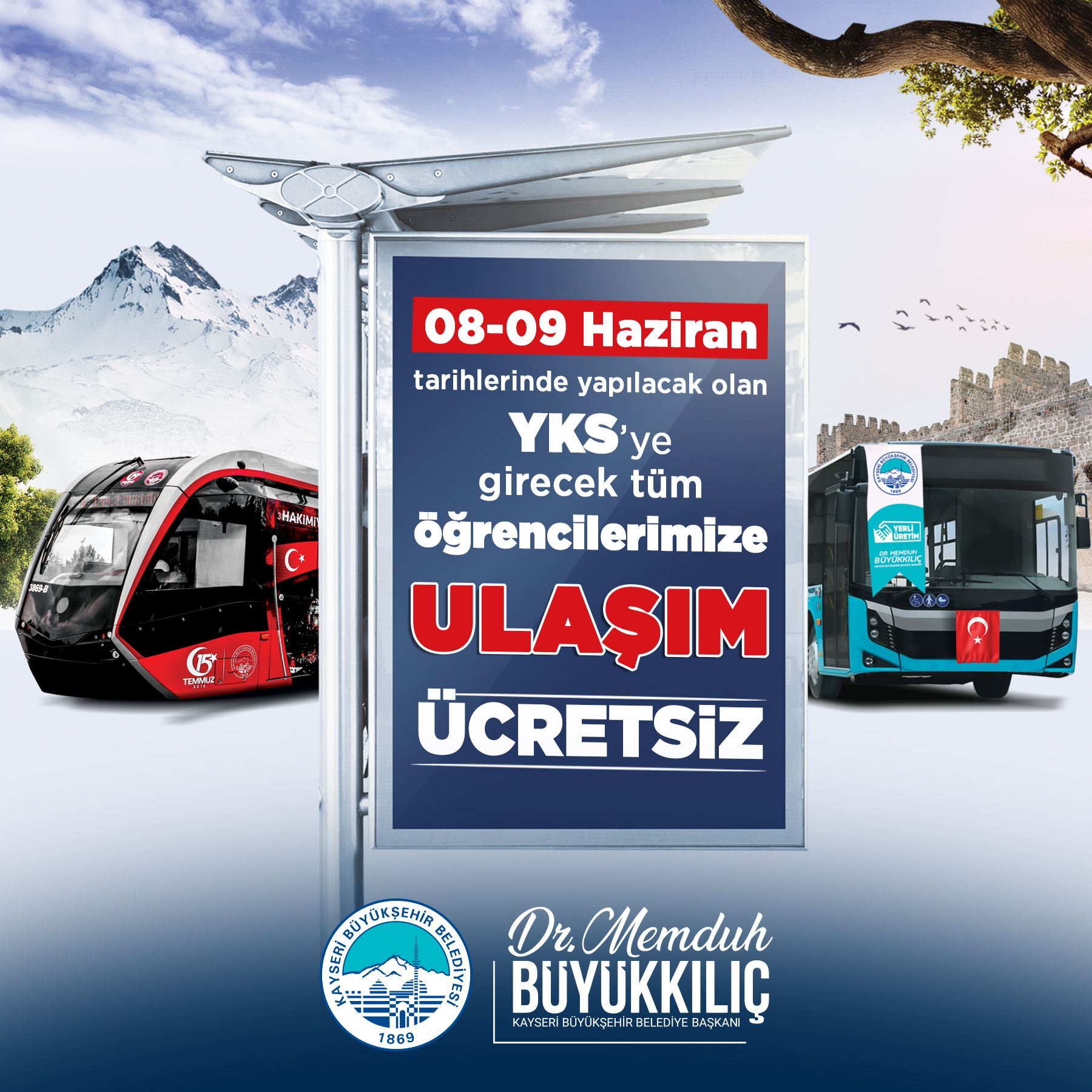 Kayseri’de YKS’ye girecek öğrencilere ulaşım ücretsiz