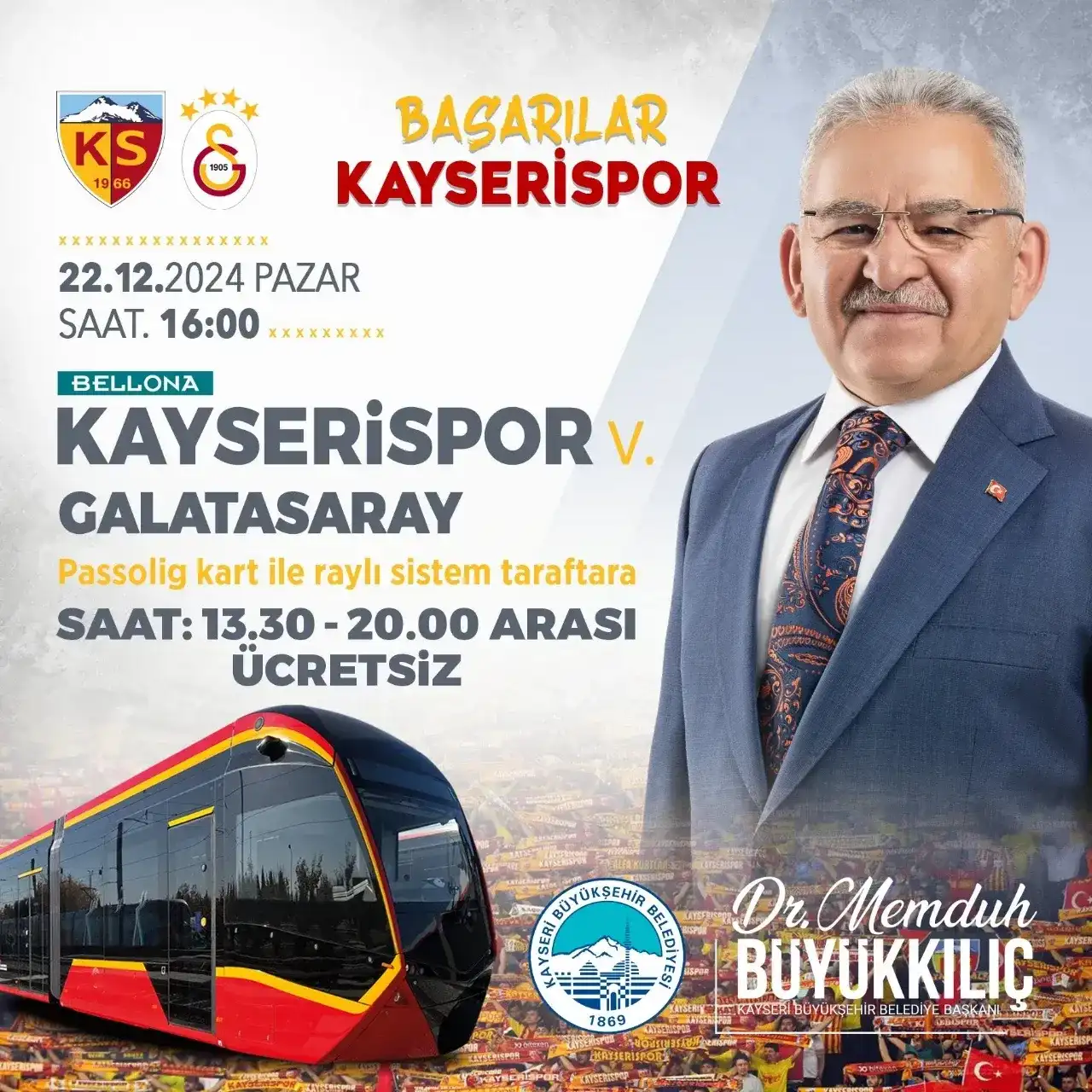 Kayseri'de bugün tramvay seferleri hangi saatler arası ücretsiz olacak?