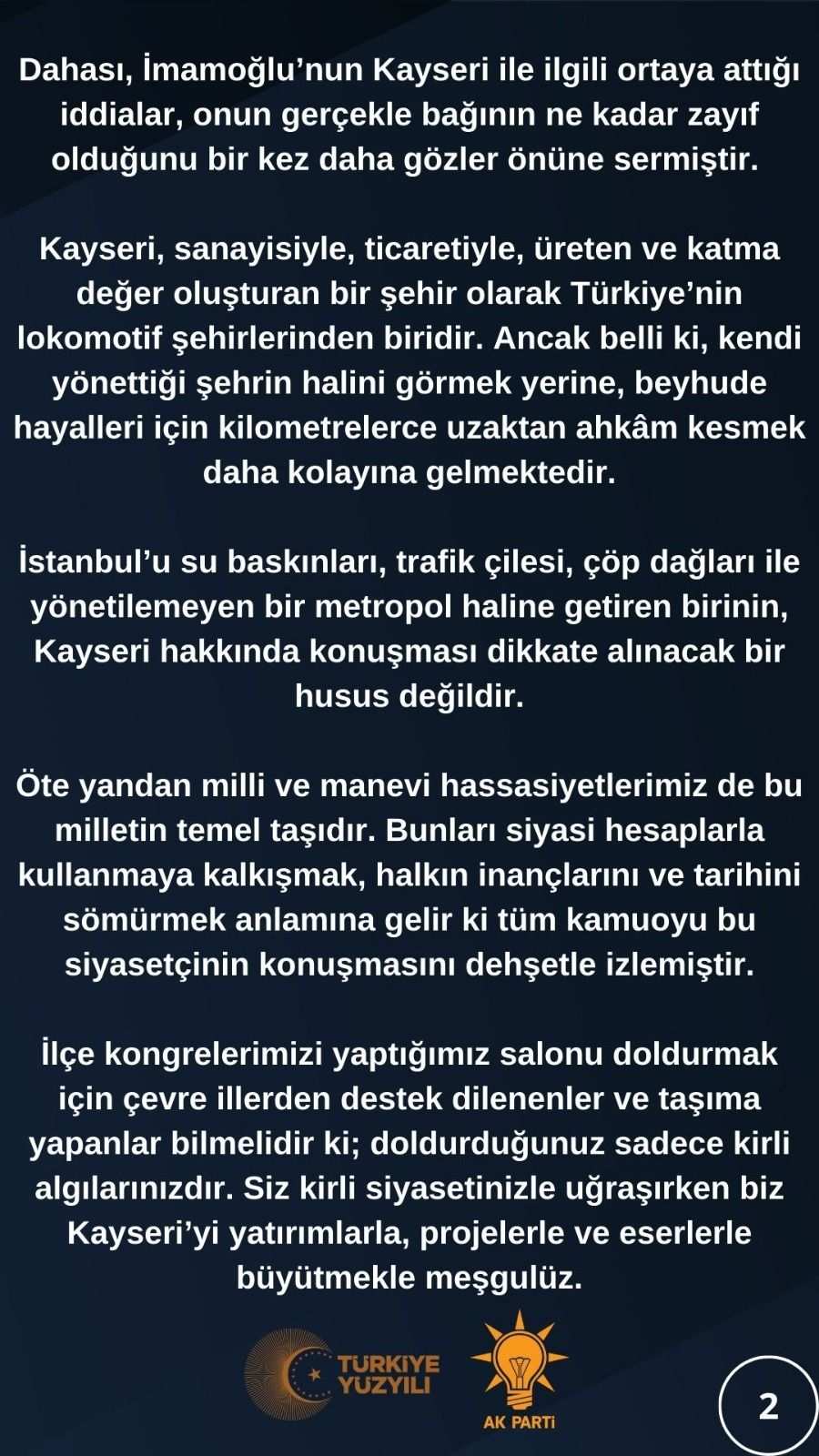AK Parti İl Başkanlığı: “İmamoğlu’nun Kayseri hakkında konuşması dikkate alınacak bir husus değildir”