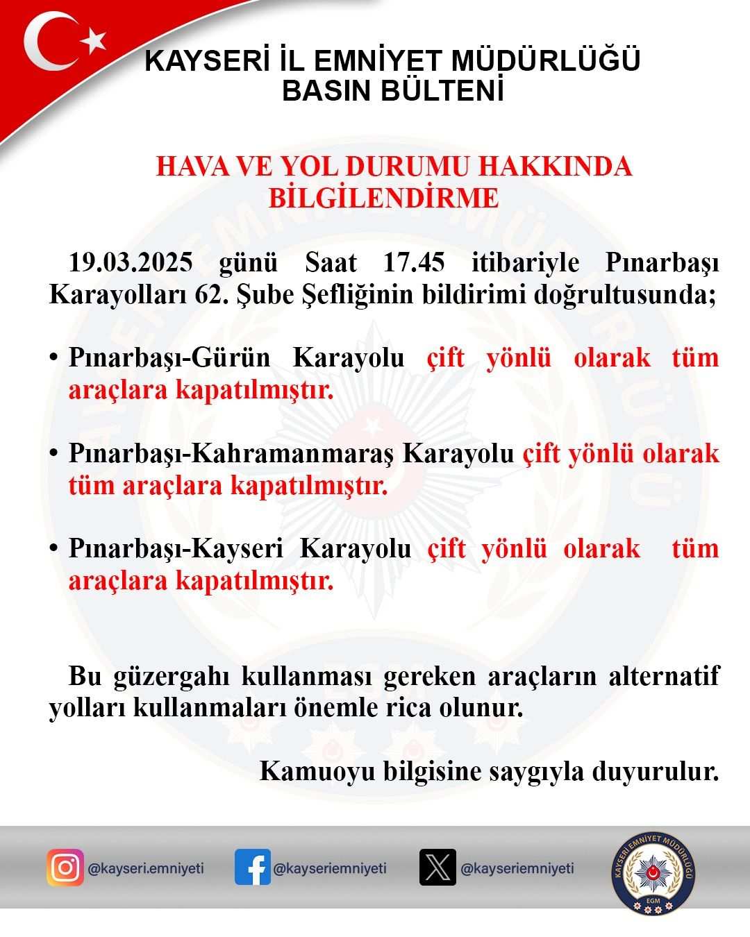 Kayseri’de kar yağışı nedeniyle trafiğe kapalı yollar bildirildi