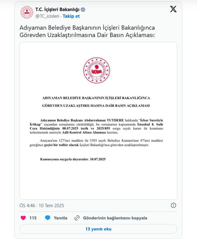 Adıyaman Belediye Başkanı Abdurrahman Tutdere, görevden uzaklaştırıldı.