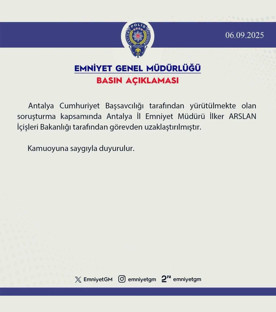 Antalya İl Emniyet müdürüne görevden uzaklaştırma