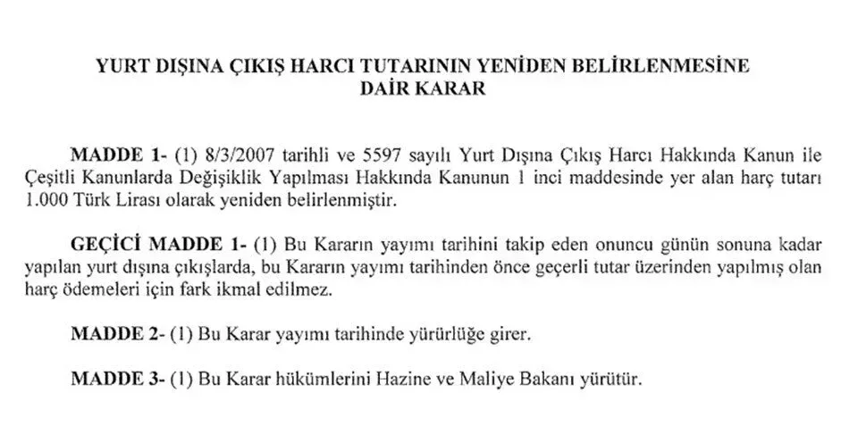 Yurt dışına çıkış harcı arttırıldı