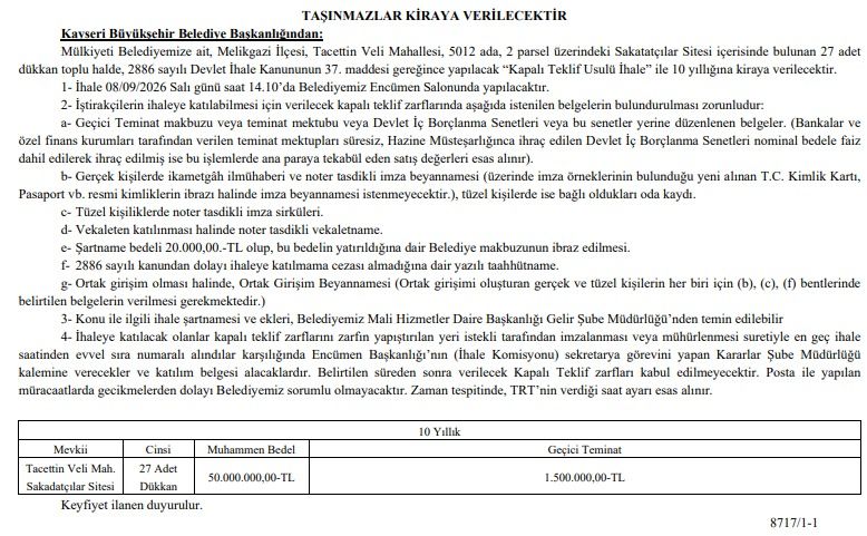 Kayseri Esnafı İçin Fırsat! Sakatatçılar Sitesinde 27 Dükkan Kiraya Çıkıyor